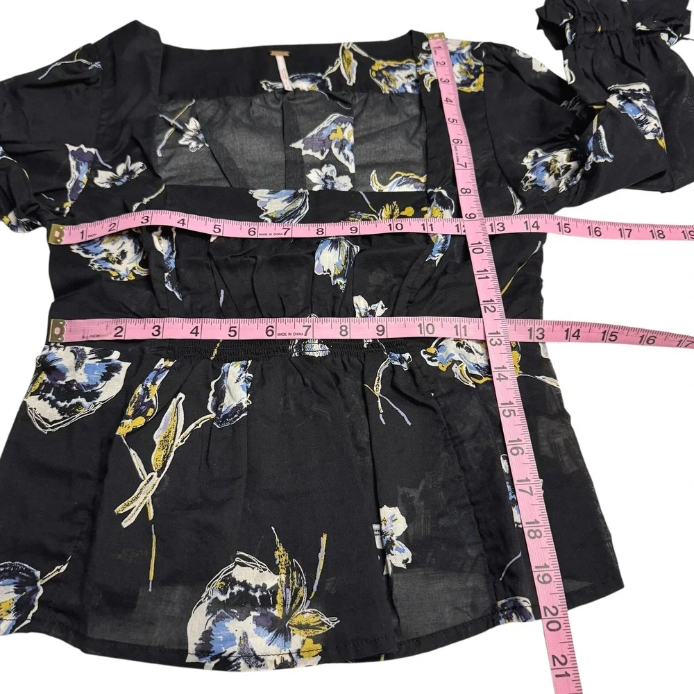 Free People Women's Floral Blouse‎ Black Square Neck Long Sleeve Tie Cuff Top S